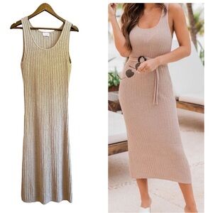 PINK LILY Wonder About Me tan midi knit tank dress (no belt), size M